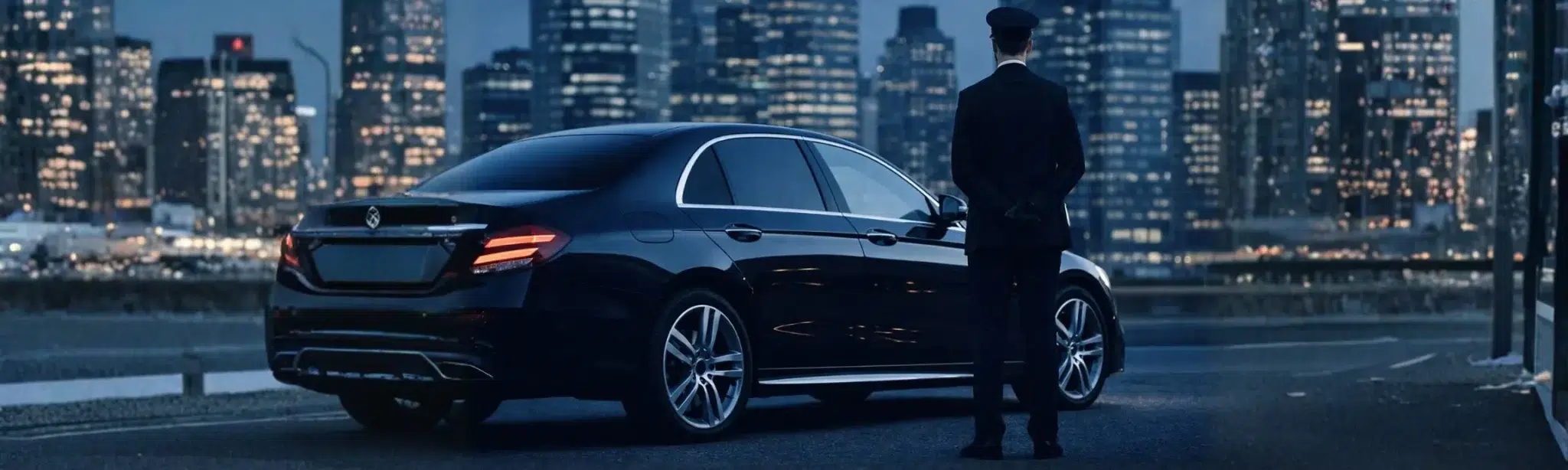 Professional chauffeur standing by black luxury sedan with city skyline at night