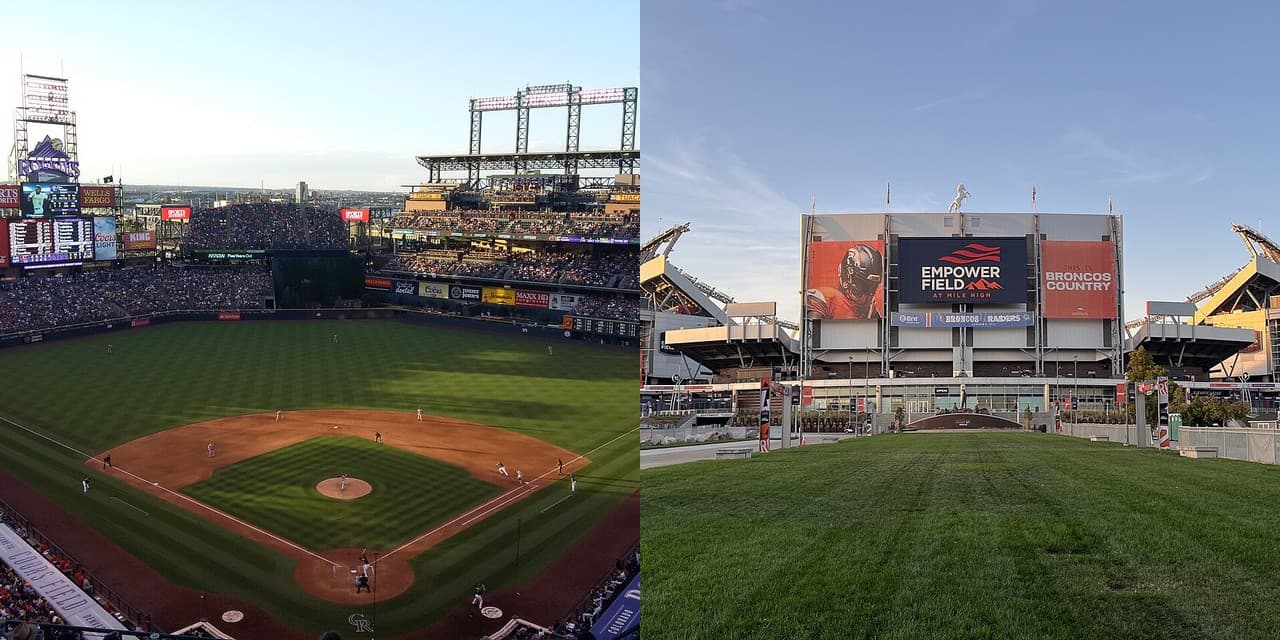 Coors Field baseball game and Empower Field at Mile High stadium side by side